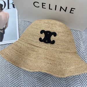 Celine Tan Crochet Hat with Black Emblem